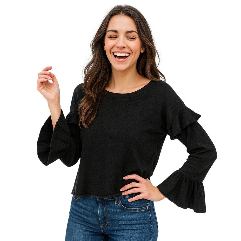 Zara Sweater Size Small Knit Black Tiered Long Ruffle Bell Sleeve Cropped